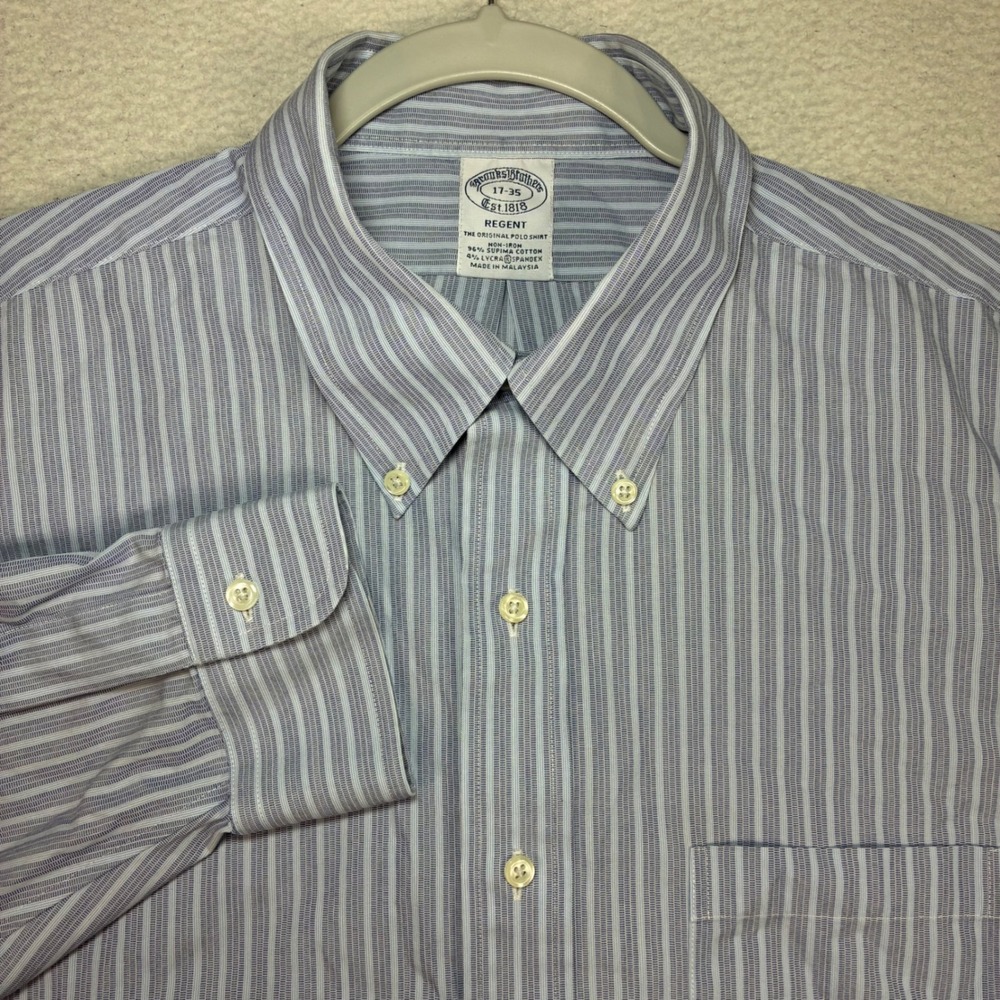 Brooks Brothers Regent Oxford Shirt Men 17x35 Blue Stripe Supima Cotton Business
